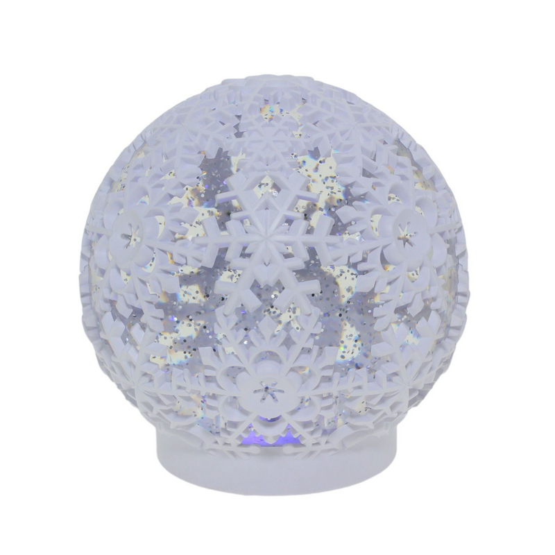 Christmas LED waterball featuring a white snowflake with swirling glitter and warm LED light