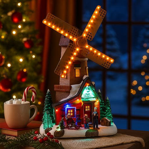 Christmas LED windmill with turning blades and music, festive animated holiday decor