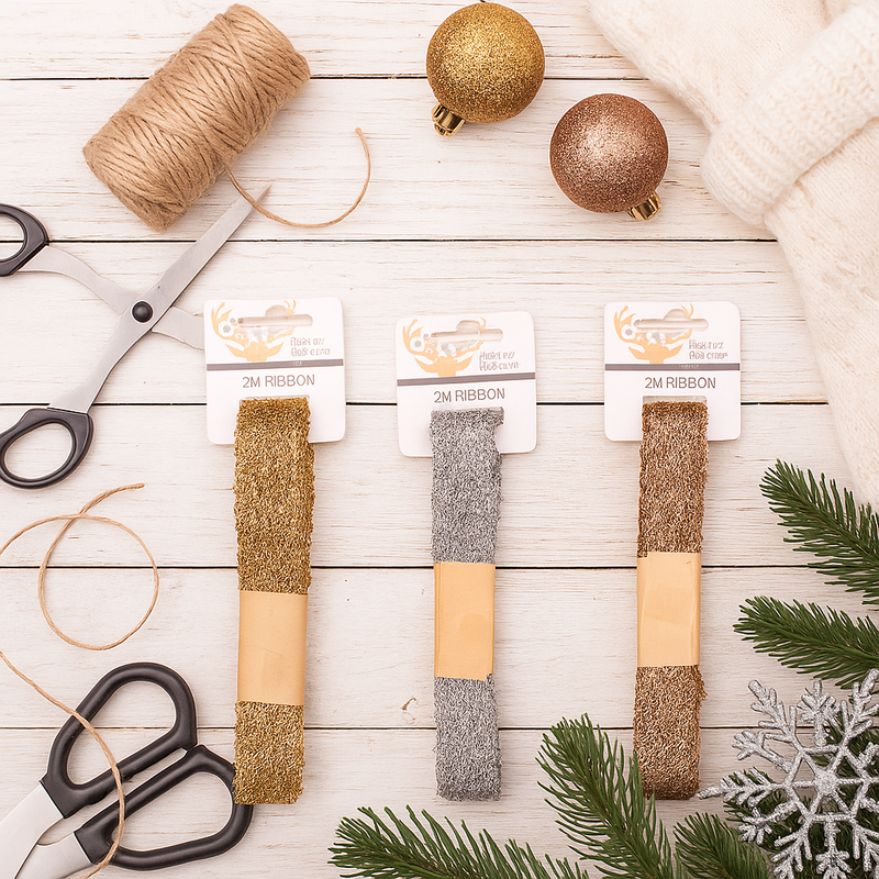 Set of two assorted 200cm Christmas lace ribbons in festive colours for gift wrapping or décor