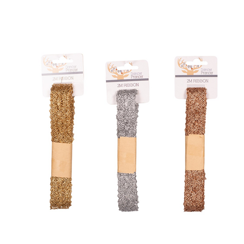 Set of two assorted 200cm Christmas lace ribbons in festive colours for gift wrapping or décor