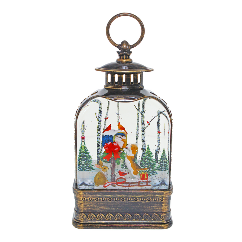 Christmas Lantern Brass Med Puppies – festive illuminated lantern with puppies and glitter swirl effect