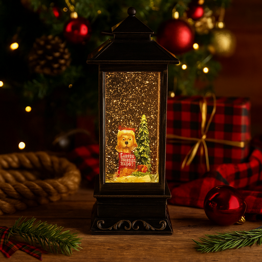 Christmas lantern with LED lights featuring a cute puppy caught eating cookies in a festive scene