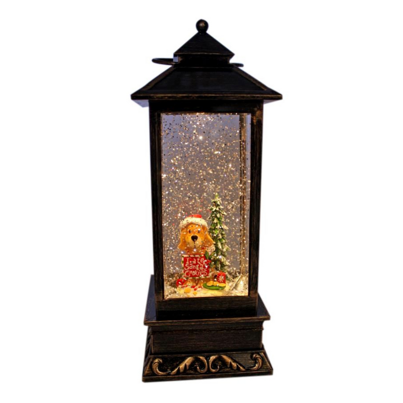 Christmas lantern with LED lights featuring a cute puppy caught eating cookies in a festive scene