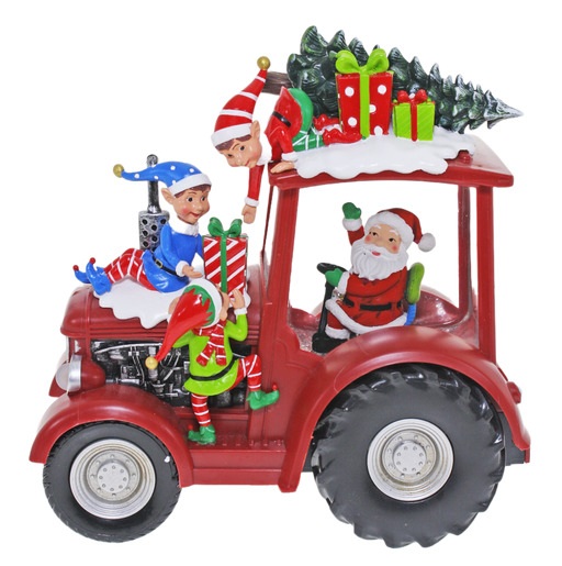Christmas Lantern Santa Elves Tractor Red – festive illuminated lantern with glitter swirl effect