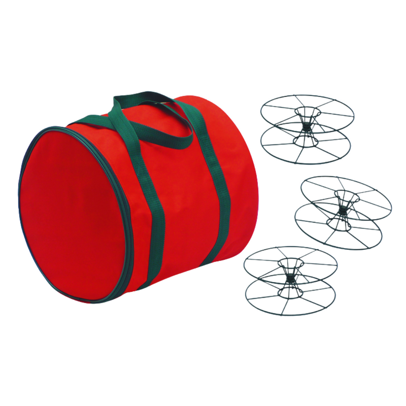 3-pack metal Christmas light storage reels with zippered storage bag