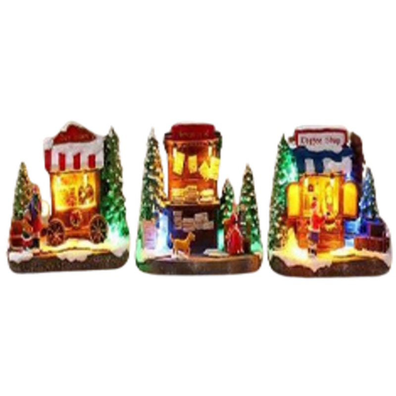 Assorted Christmas LED light-up shop decorations, 13.5x7.5x11cm festive miniature buildings