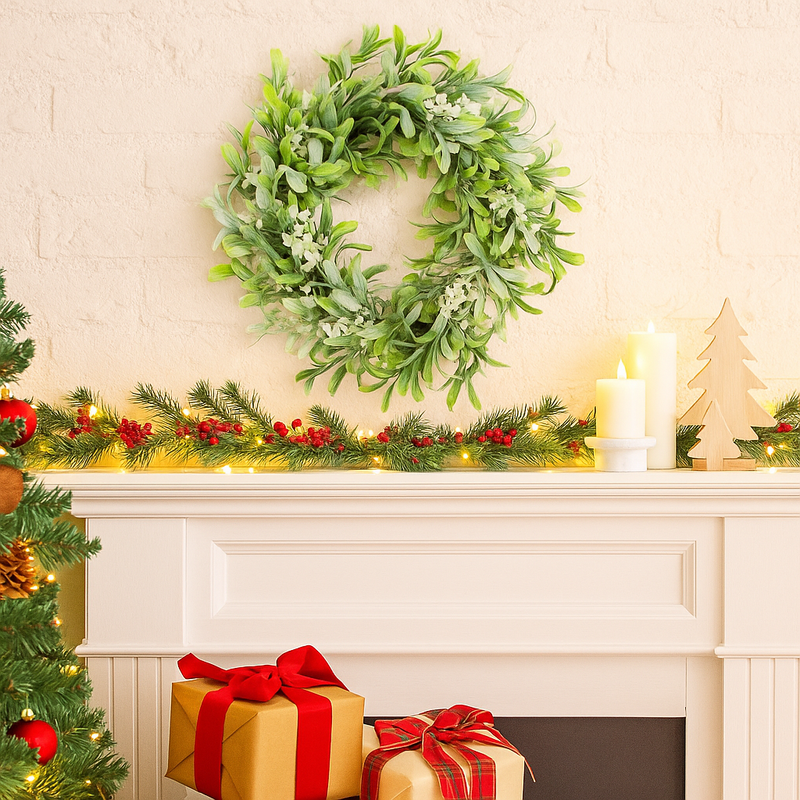 50cm Christmas mistletoe wreath with glittery red berries for festive door or wall decoration