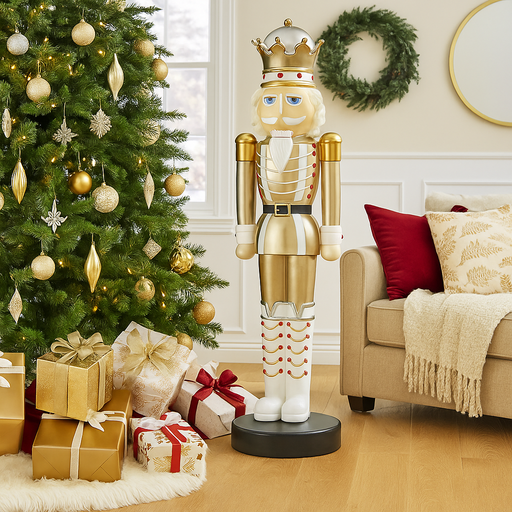 198cm tall Christmas nutcracker in white and gold, freestanding decorative figure with detailed design