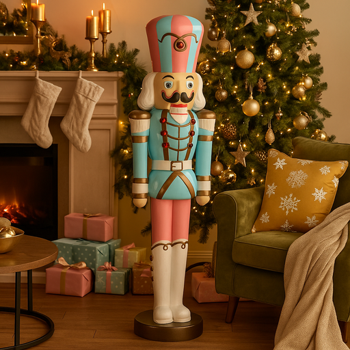 122cm pastel Christmas nutcracker soldier in blue and pink with gold accents