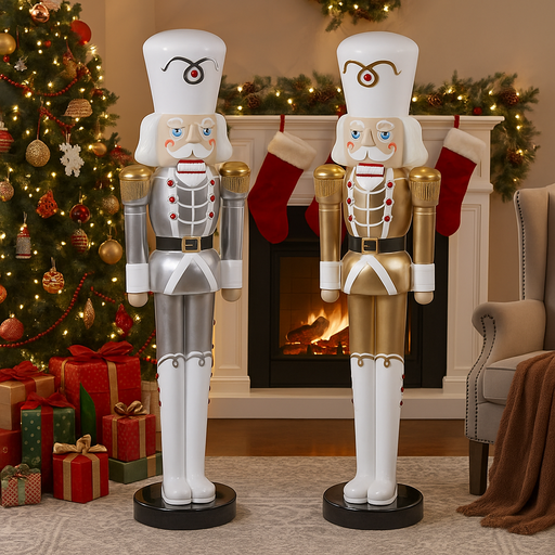 122cm tall gold and white Christmas nutcracker soldier with ornate festive detailing and stable base