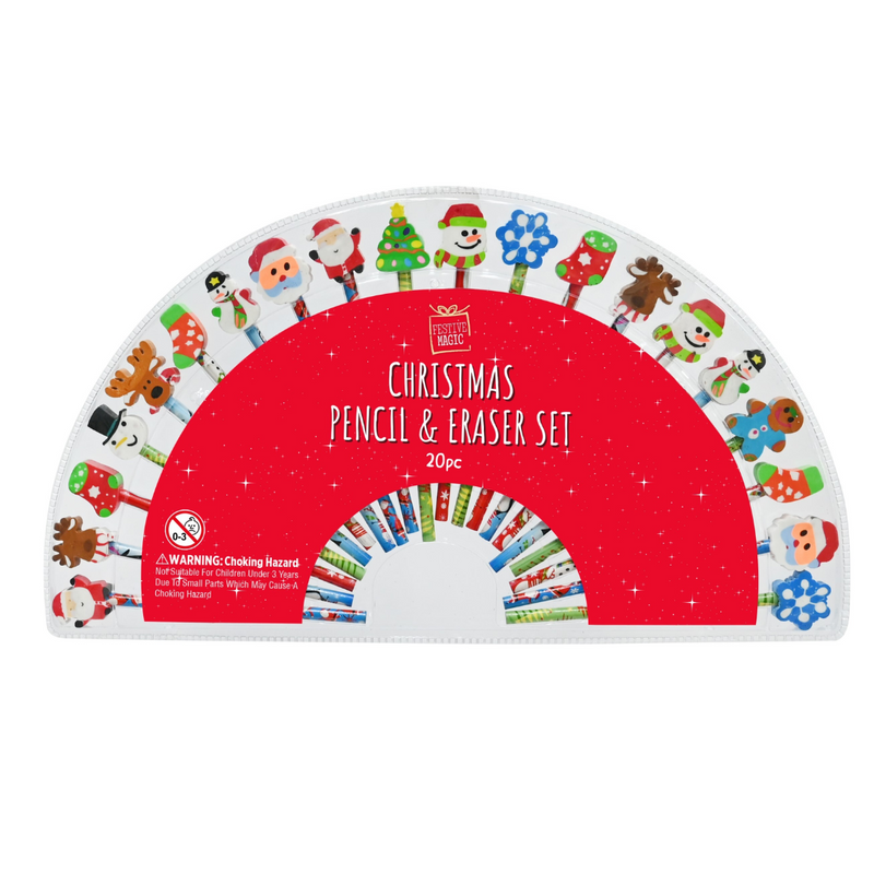 Christmas Pencil and Eraser Set 20 Pack Festive Stationery
