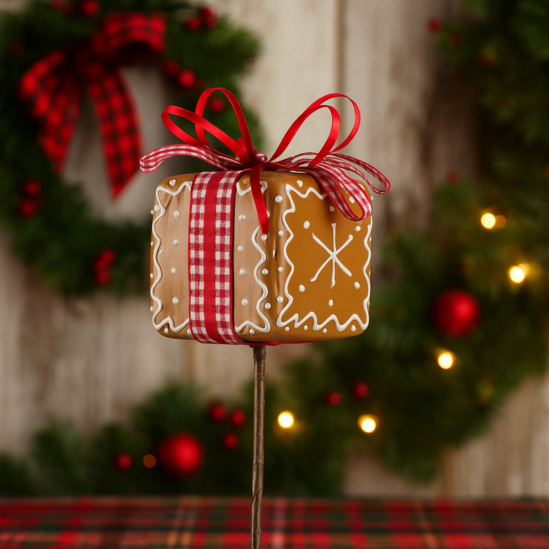 Gingerbread-style Christmas pick with gift box design and white icing trim, 31cm