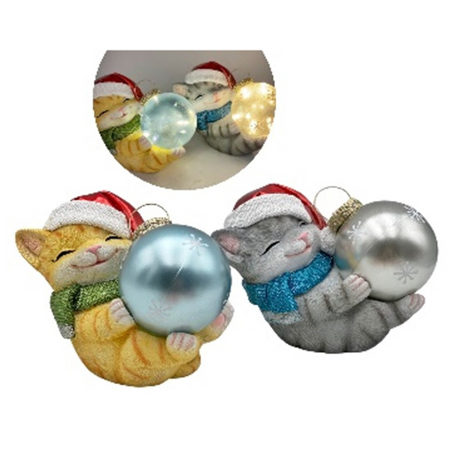 Ronis Christmas Polyresin Happy Kitten Cuddling LED Bauble 16cm Assorted