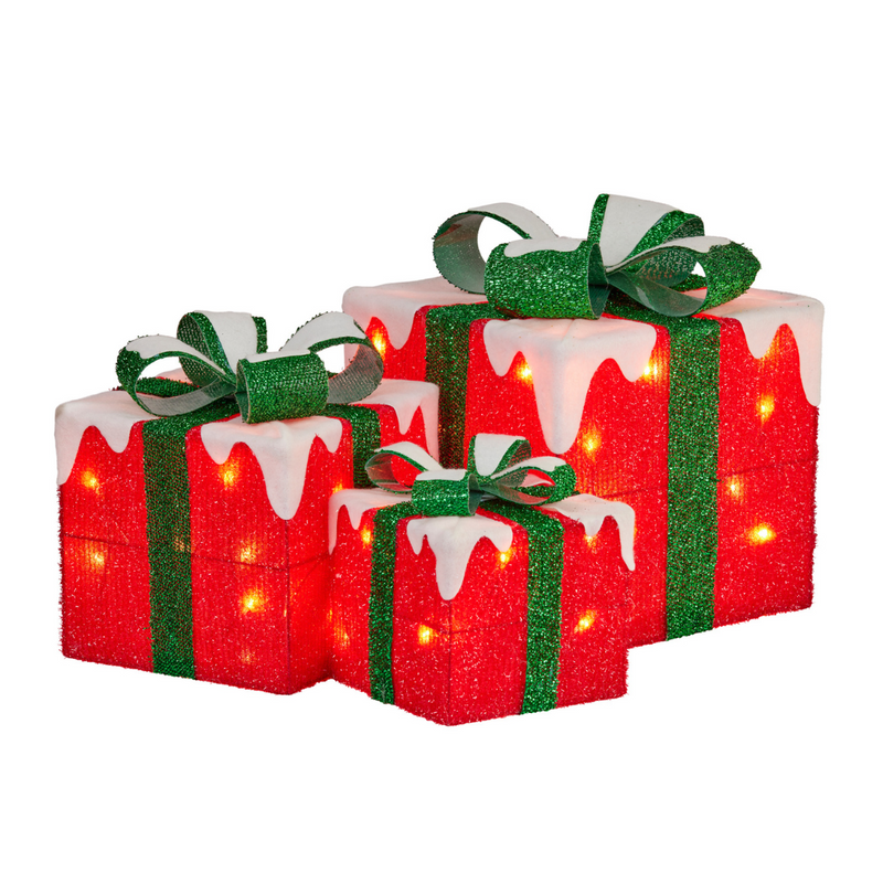 Christmas Present Display Set with Lights Red Finish – illuminated festive gift box decorations for Christmas displays