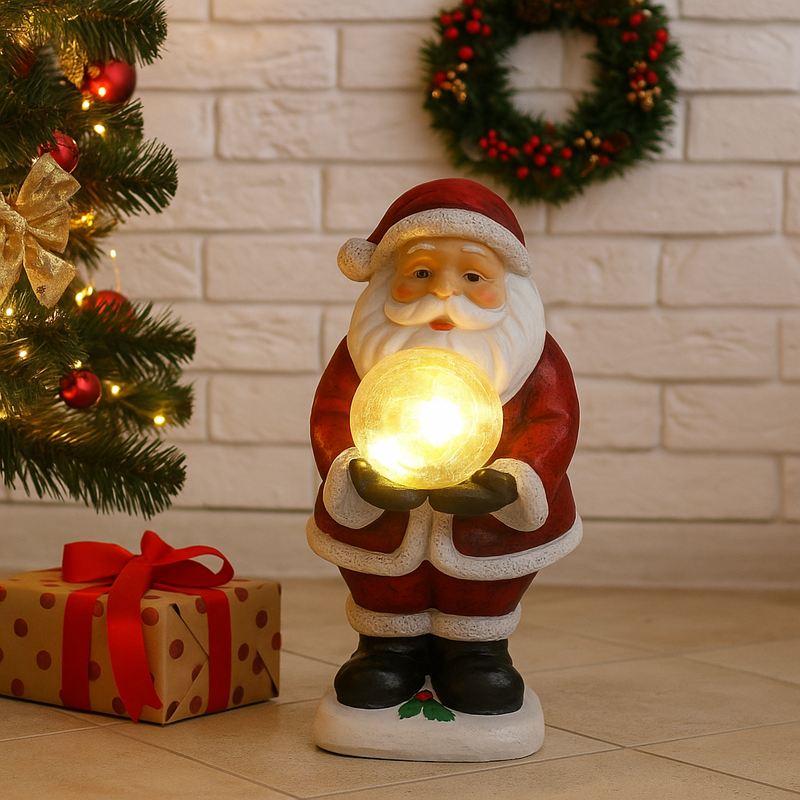 Christmas Santa figurine holding a glowing light-up snow globe with festive details