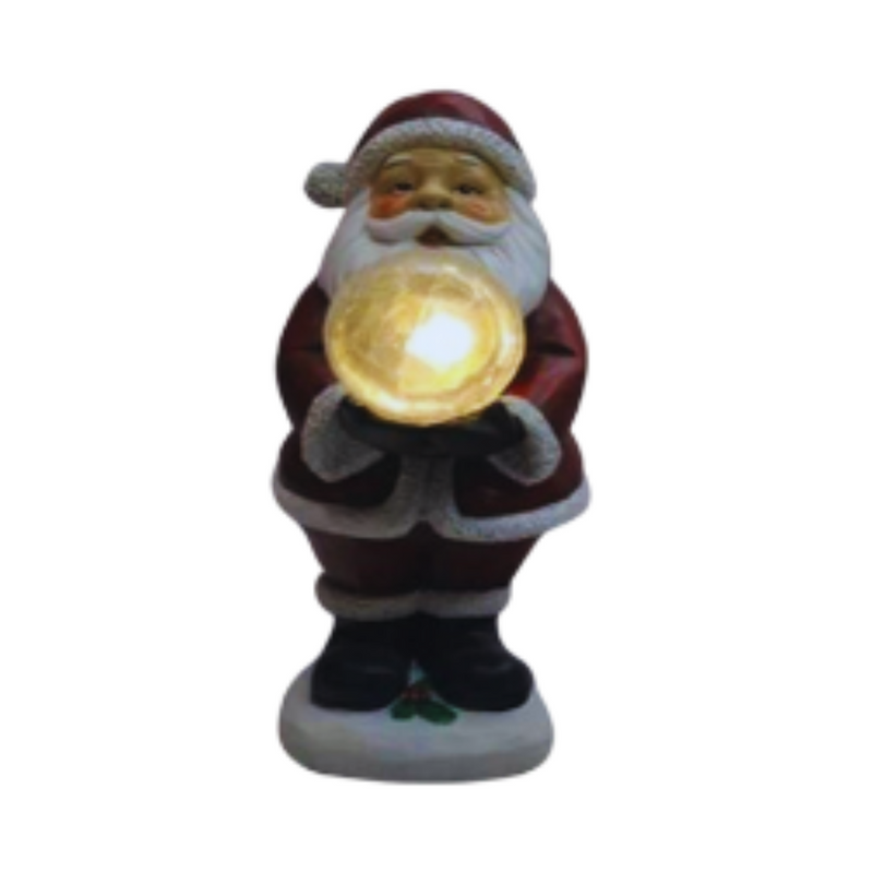 Christmas Santa figurine holding a glowing light-up snow globe with festive details