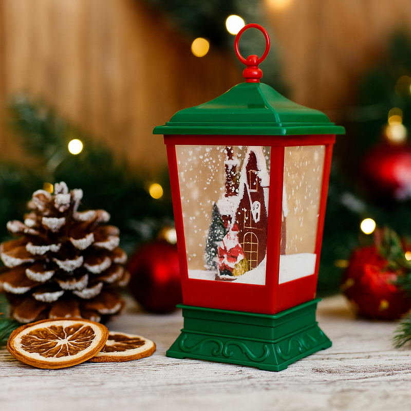 Christmas lantern with swirling snow effect and LED lights featuring a festive holiday scene inside
