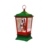Christmas lantern with swirling snow effect and LED lights featuring a festive holiday scene inside