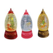 Assorted spinning Christmas globes with LED lights and festive scenes, 22.2cm tall