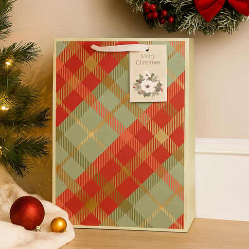 Extra-large Christmas gift bag with traditional red and green tartan pattern and rope handles