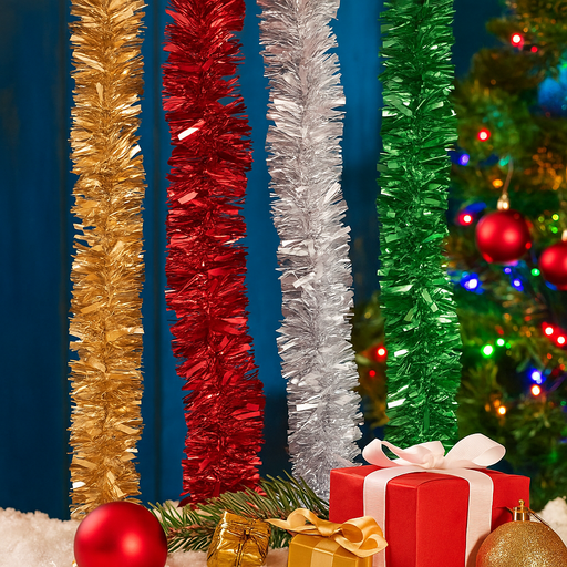 Assorted colourful 200cm Christmas tinsel garlands for festive tree, mantel, or party decoration