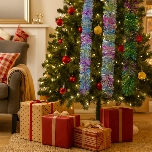 200cm rainbow tinsel garland with mixed-cut strands in assorted vibrant colours