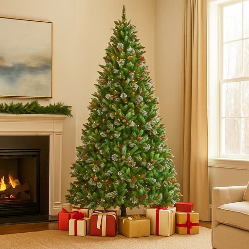 9ft (274cm) Wintery Pine artificial Christmas tree with pre-lit twinkle lights, featuring a realistic green pine look, perfect for a cozy and illuminated holiday display.