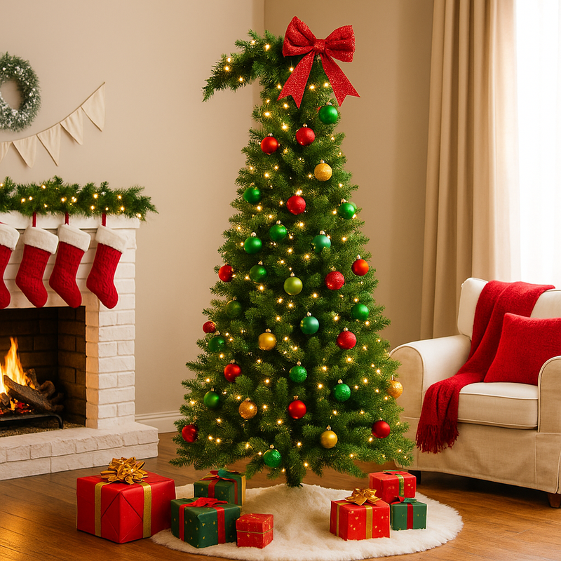 8ft bent Christmas tree with curved top and lush green branches, ideal for whimsical holiday décor