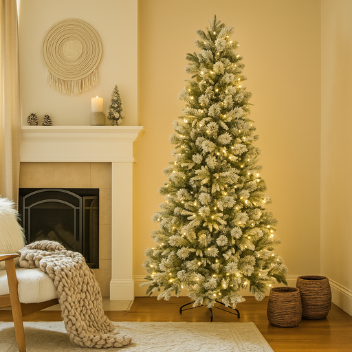 240cm Emerald Angel Pine Christmas tree with full green branches and white flocked snow finish