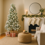 210cm flocked Emerald Angel Pine Christmas tree with 650 warm white LED lights and snowy green branches for a wintry holiday look