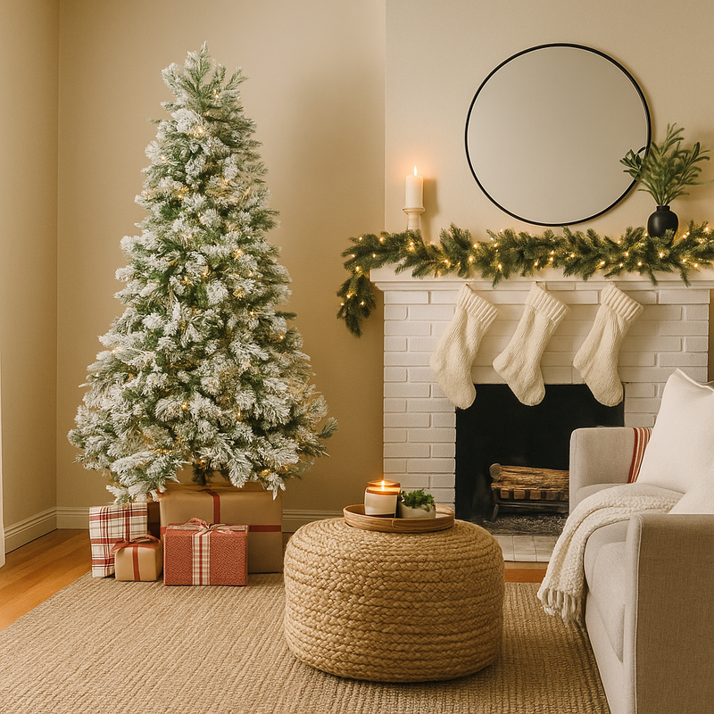 210cm flocked Emerald Angel Pine Christmas tree with 650 warm white LED lights and snowy green branches for a wintry holiday look