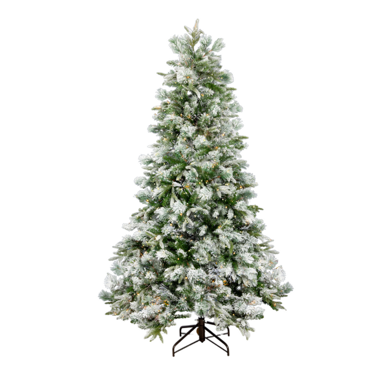 210cm flocked Emerald Angel Pine Christmas tree with 650 warm white LED lights and snowy green branches for a wintry holiday look