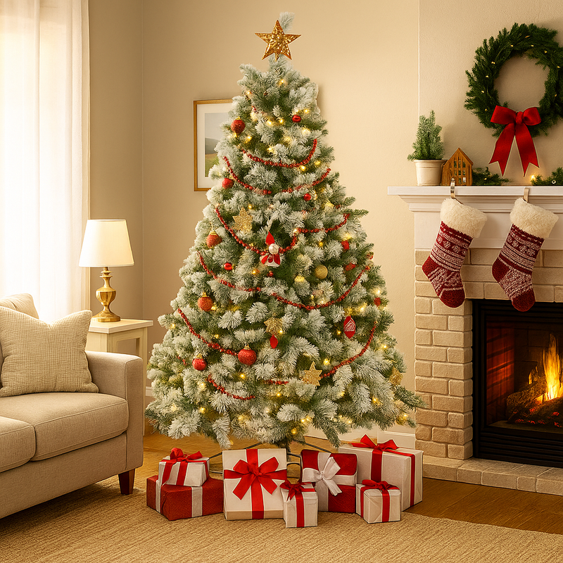 8ft Flocked Mix Pine Christmas Tree with snow-dusted branches and full winter look