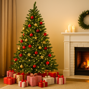 7ft Frosted Deluxe Carolina Spruce Christmas Tree with 650 warm white LED lights and snow-dusted branches