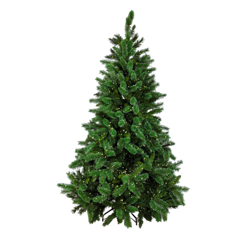 7ft Frosted Deluxe Carolina Spruce Christmas Tree with 650 warm white LED lights and snow-dusted branches