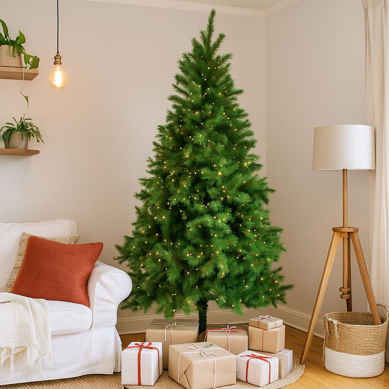 210cm New Colorado Spruce artificial Christmas tree with warm white pre-lit branches and natural green foliage