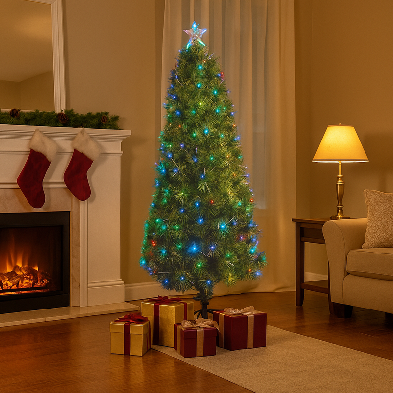 180cm fibre optic Christmas tree with colour-changing LED lights and glowing multicolour branches