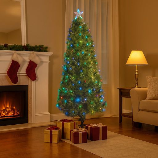 180cm fibre optic Christmas tree with colour-changing LED lights and glowing multicolour branches