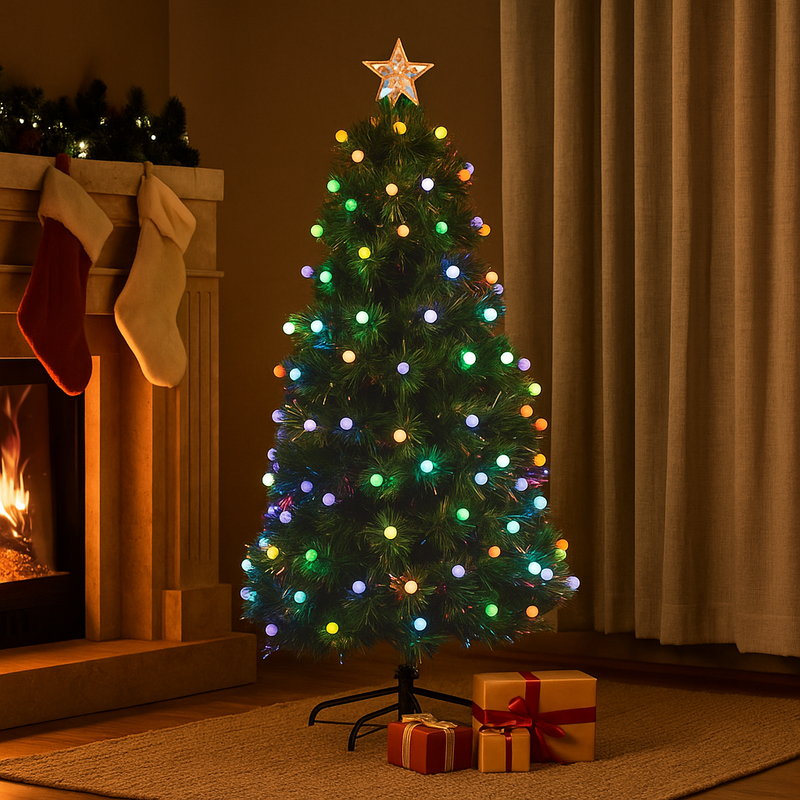 180cm optic fibre Christmas tree with built-in rainbow LED balls and glowing fibre optic tips