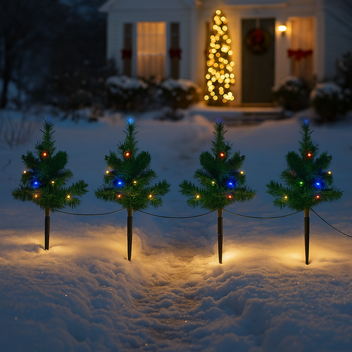 Set of 4 Christmas tree-shaped LED path lights illuminating a garden walkway for the holidays