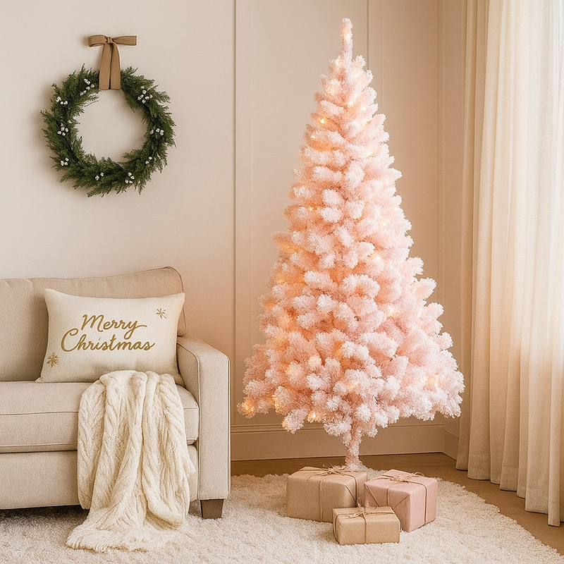 210cm pink flocked Christmas tree with 500 warm white LED lights and 1066 full tips, perfect for glamorous holiday décor