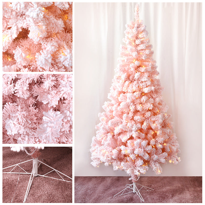 210cm pink flocked Christmas tree with 500 warm white LED lights and 1066 full tips, perfect for glamorous holiday décor
