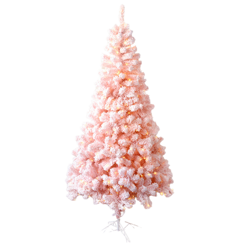 210cm pink flocked Christmas tree with 500 warm white LED lights and 1066 full tips, perfect for glamorous holiday décor