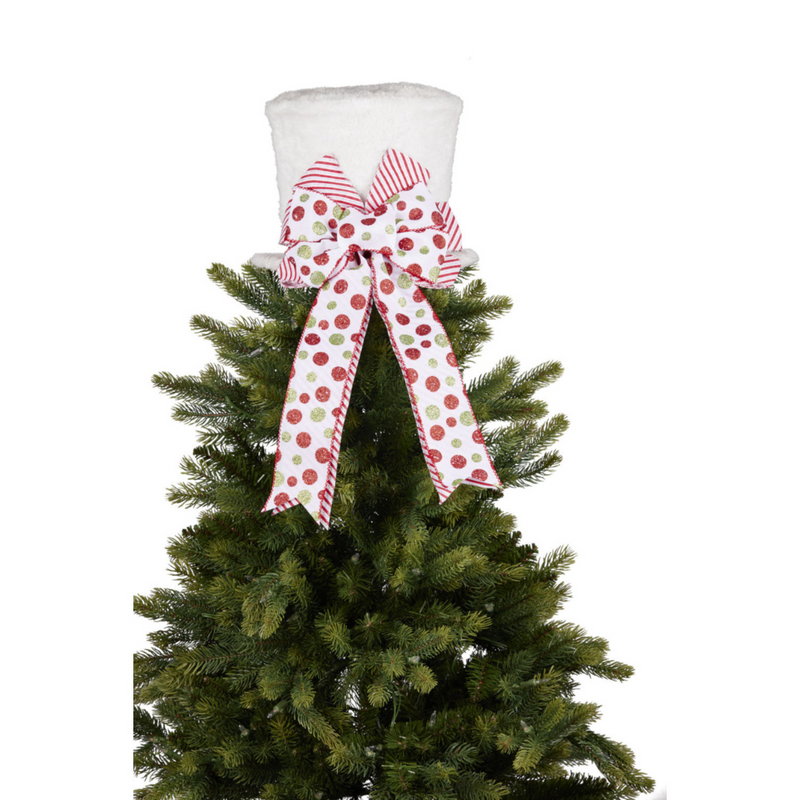 Christmas Tree Topper White Top Hat with Candy Bow 45cm – festive holiday tree topper with candy-striped bow and greenery