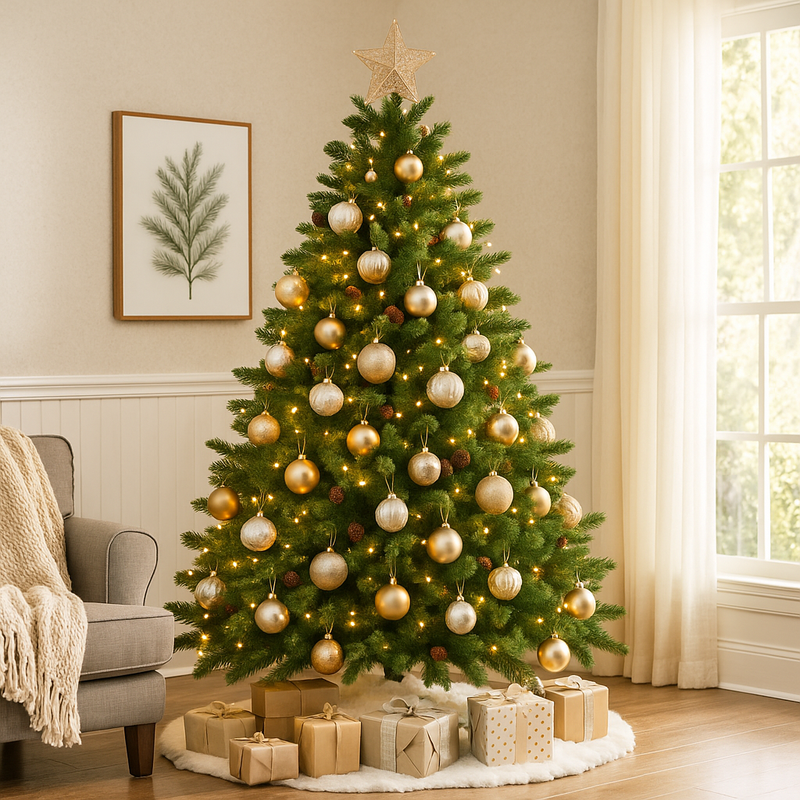 210cm Woodland Spruce artificial Christmas tree with layered green branches and natural pine look