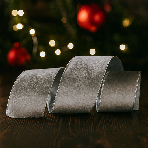Silver Christmas velour ribbon with double layer design, 10cm x 10m roll
