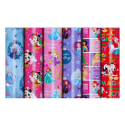 Assorted rolls of Disney Girl Christmas gift wrap featuring princesses and festive designs, 3m x 700mm