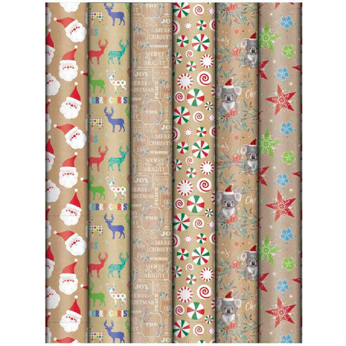 Ronis Christmas Wrap Kraft Print 200x70cm Assorted