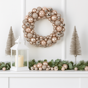 Champagne Christmas bauble wreath 45cm with assorted matte, glossy, and glitter finishes