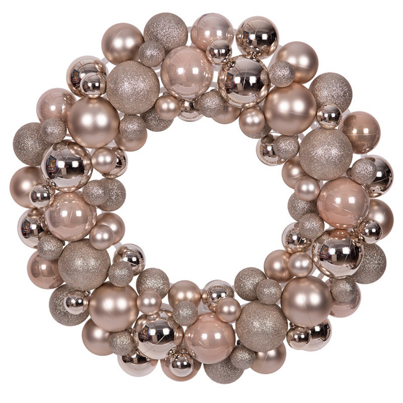 Champagne Christmas bauble wreath 45cm with assorted matte, glossy, and glitter finishes